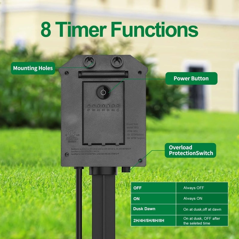 Tiffcofio Outdoor Power Strip with 15 FT Extension Cord, 100FT Remote Control, Dusk to Dawn Light Timer Waterproof, 6 Grounded Outlets for Yard, Pool and Garden, ETL Listed - Image 2
